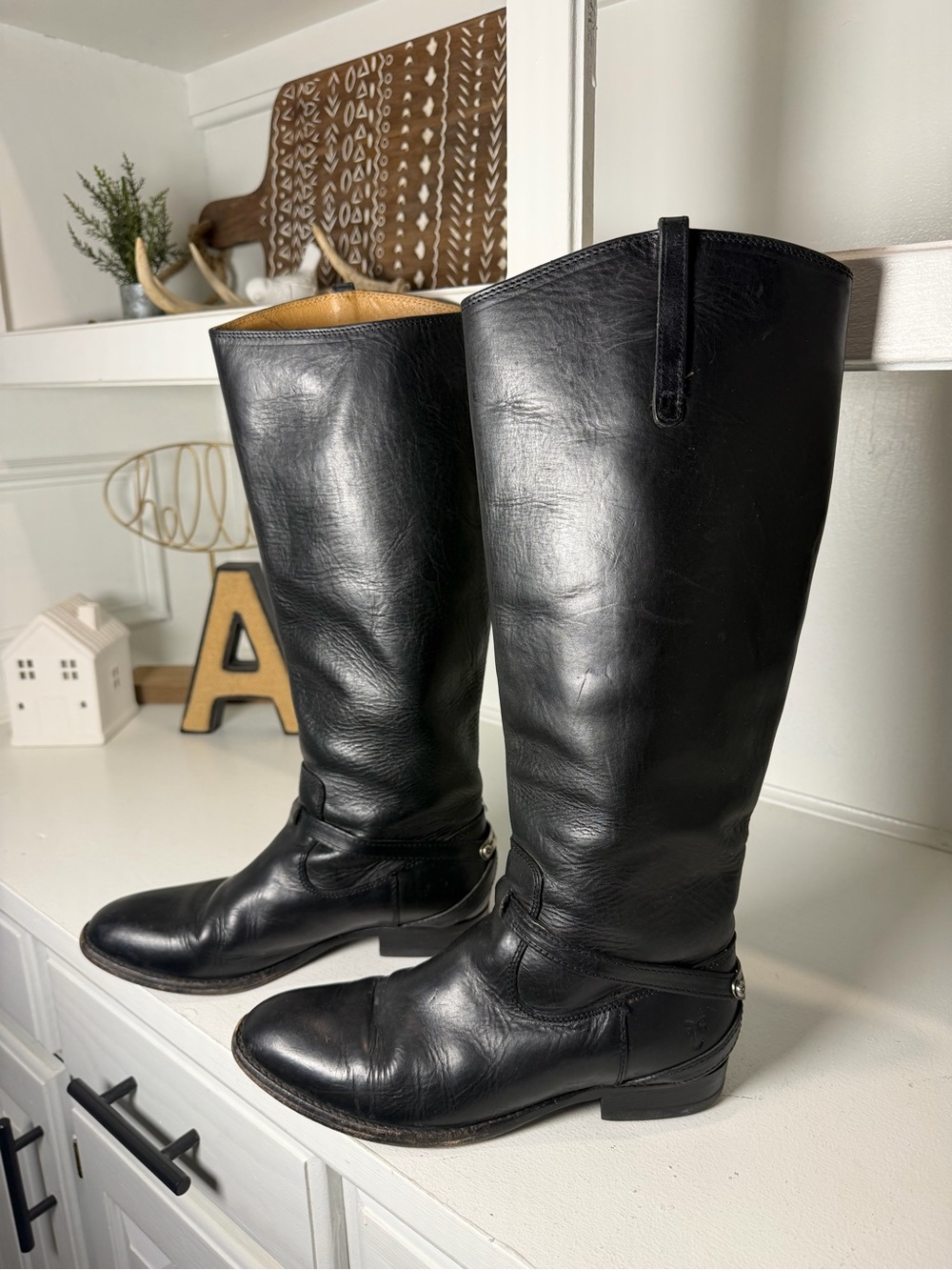 Frye Womens 7.5B Black Leather Tall Riding Harness Boots Vintage Western